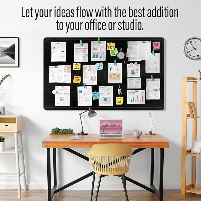 Large Bulletin Board 60 x 36 Inches - Foldable Felt Bulletin Board for Wall, Cork Board Alternative with 100 Color Pins & 12 Note Pads, Vision Board - Black