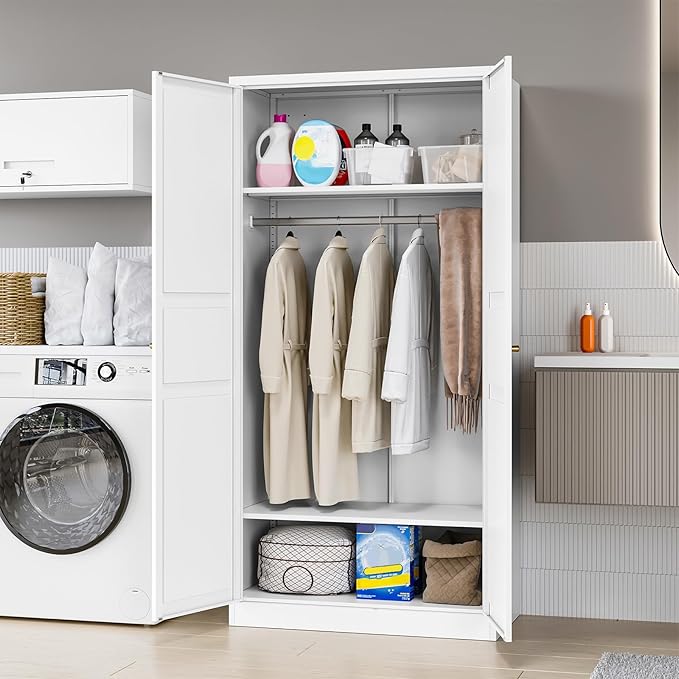MIIIKO Wardrobe Closet with 2 Doors, 72" Metal Clothing Storage Cabinets with Hanging Rod, Bedroom Armoires Laundry Room and Office Clothes Storage Organizer Cabinets