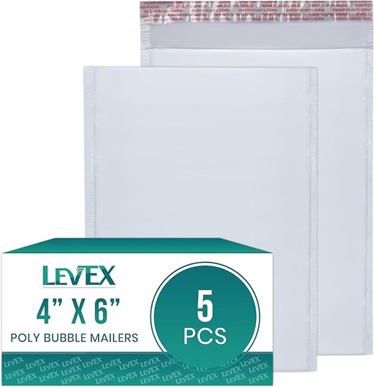 Levex - #0000 4" x 6" [5 Pack] Poly Bubble Mailers, Padded Envelope Mailers, Packing Envelope & Mailing Bags for Shipping