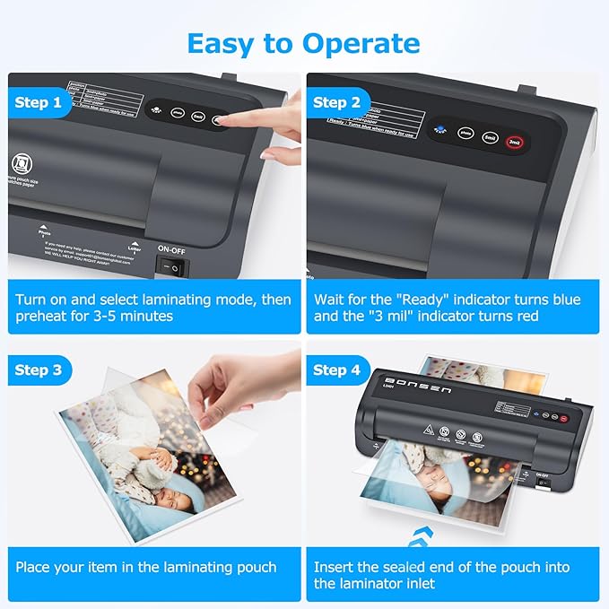 BONSEN A4 Laminator Machine, 9.33-Inch Thermal Laminator with Never Jam Technology, 100 Laminating Sheets, Laminates Photos Cards Documents, 4-in-1 Personal Laminators for Teachers Home Office School