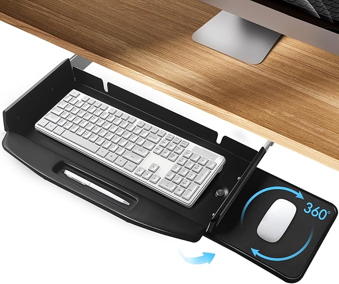 Solid Steel Under Desk Keyboard Tray Slide Out with 360° Rotating Mouse Platform,Keyboard Shelf Sliding,Under Desk Mounted Keyboard Holder,Under Desk Keyboard Drawer 28"Lx10"W