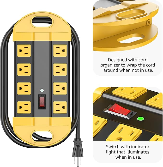 CCCEI Heavy Duty Power Strip Surge Protector, Metal 8 Outlets Power Strip for Appliance. Garage Shop Industrial Workbench 15 AMP Outlets Strip. 15FT Extension Cord, Yellow