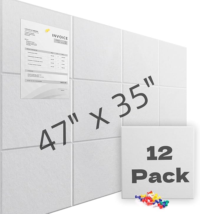 Large Cork Board for Walls 47" x 35" 12 Pack Black Bulletin Boards Felt Wall Tiles with Safe Removable Adhesive Corkboards for Office Home,White