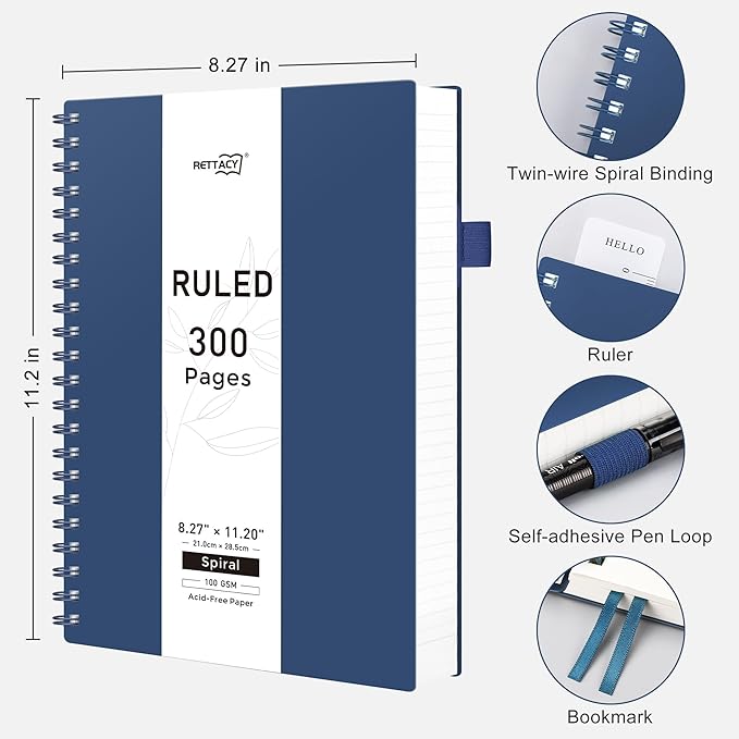RETTACY Spiral College Ruled Notebook, 300 Pages, B5 Medium Size (7.4" x 10"), for School, Work, Writing, Journaling, 100 GSM Thick Paper, Flexible Plastic Cover (Navy Blue)