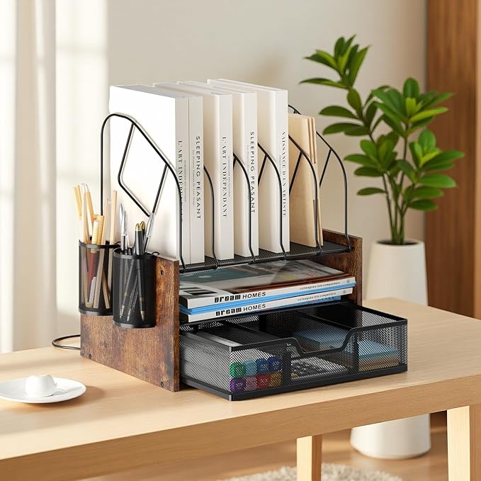 Wood Desk Organizer - 2-Tier Desktop File Organizer with Drawer with Vertical File Holder, Wooden Paper Tray, Office Desk Organzier and Accessories for Papers, Mail, Notebooks, Stationery