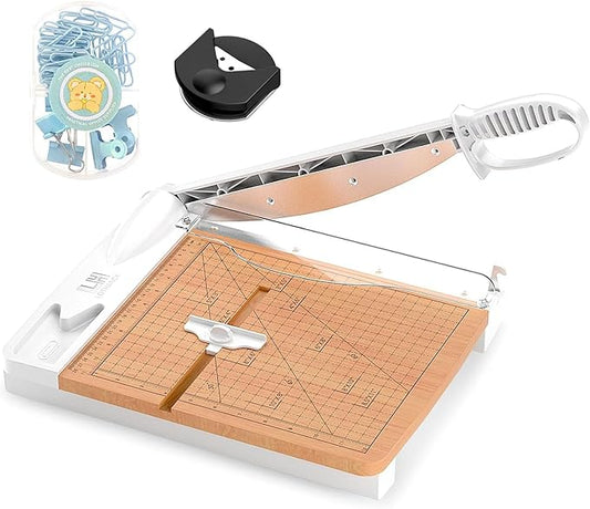 12 Inch Wood Guillotine Paper Cutter, Heavy Duty Wood Base Paper Trimmer with 32 Sheets Paper Cutting Board for Classroom, Crafting, Cardstock, Art Projects (White)