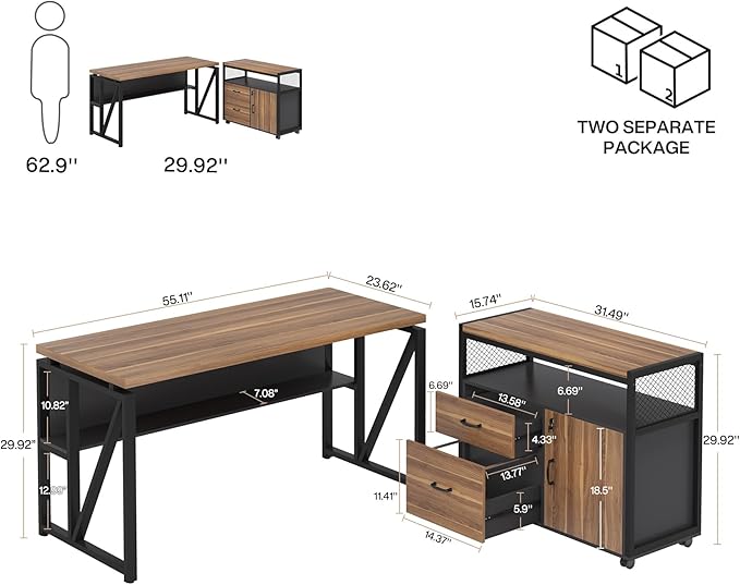 Tribesigns 55-inch L Shaped Desk with Drawer Cabinet, Executive Computer Desk and lateral File Cabinet, 2 Piece Home Office Furniture with Drawers for Hanging File, Doors with Locks (Brown, 55 inches)
