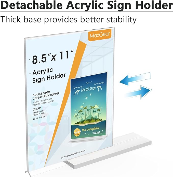 MaxGear Acrylic Sign Holder 8.5x11 Inches 2 Pack, Double Sided Clear Display Stand Table Top Paper Holder, Vertical Menu Flyer Stand, Plastic Frame for Stores, Restaurants, Hotels, Office