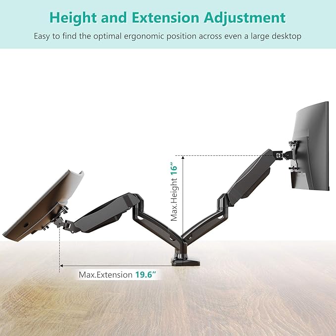 WALI Dual Monitor Mount, Monitor Arms for 2 Monitors Fully Adjustable Gas Spring Desk Mount Swivel Mounting Holes Bracket with C Clamp, Grommet Base for Display Up to 32 Inch 19.8lbs (GSMP002), Black