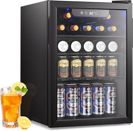 2.6 Cu.ft Beverage Refrigerator Cooler, 95 Can Mini Fridge Glass Door with Adjustable Shelves, Digital Temperature Display, Freestanding Small Drink Fridge for Home, Office or Bar(Black)