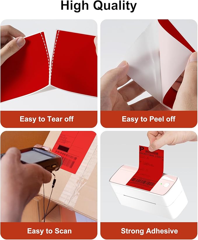 Phomemo 4x6 Thermal Label Printer Paper - 500 PCS Red 4"x6" Fan-Fold Shipping Supplies Labels - Water/Oilproof Label Stickers - Permanent Adhesive 4x6 Mailing Labels Paper for Thermal Printer