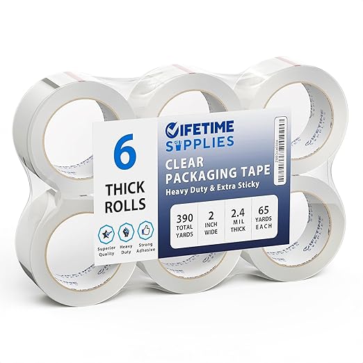 6 Rolls | 2.4 mil Clear | 65 Yards Each (390 Yards Total) | 2" Premium Packing Tape Heavy Duty Packaging Tape for Shipping Moving Stronger Thicker