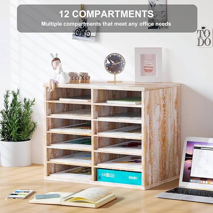 PAG Countertop Mail Sorter Organizer, Wooden Literature Organizer, Student Mailbox for Classroom, Desktop Bill Organizer for Office Home School, 12 Compartments, Retro White