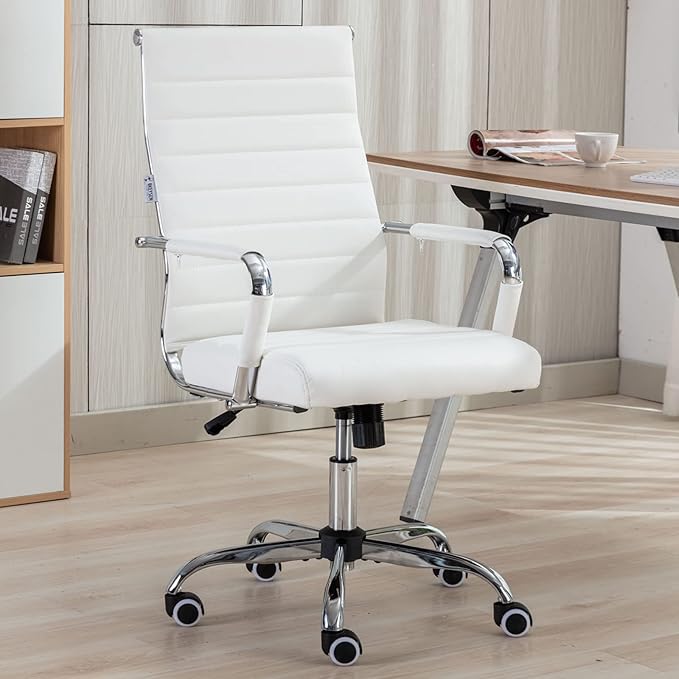 Home Office Chair Ribbed, Modern Leather Conference Room Chairs, Ergonomic Office Desk Chair, High Back Executive Computer Chair, Adjustable Swivel Chair with Arms (White)