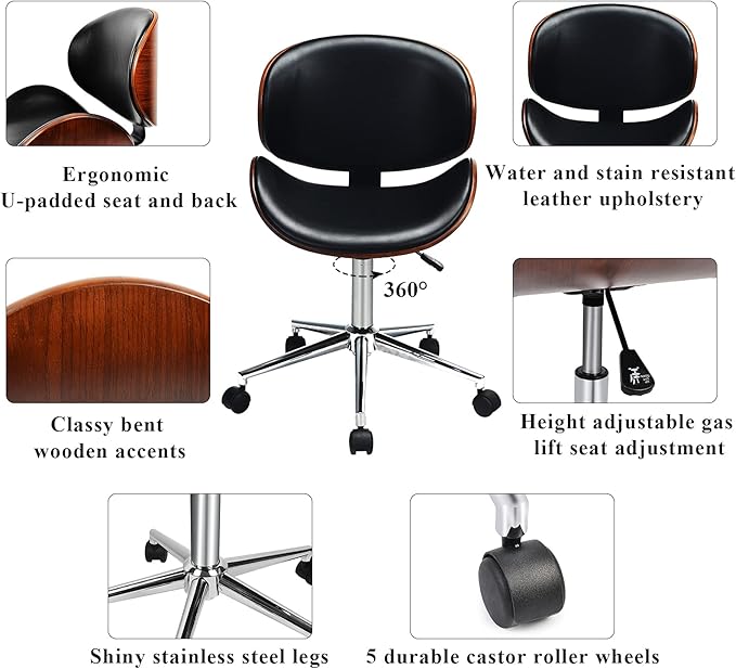 C-CHAIN Adjustable Modern Mid-Century Office Chair with Curved Seat/Back, Swivel Executive Chair, Rolling Computer Chair, Bent Wooden Accent Office Chair for Home and Office