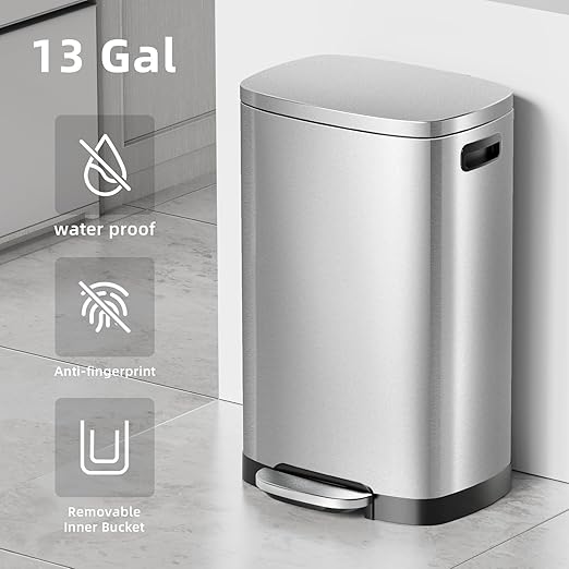 KUK 13 Gallon/50L Stainless Steel Kitchen Trash Can with Lid and Step Pedal-Large Capacity Garbage Bin with Odor Seal, Silent Close Lid, Removable Inner Bucket for Home, Kitchen, Bedroom, Silver