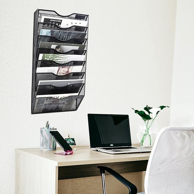 EASEPRES 8 Pocket Mesh Hanging Wall File Organizer, Wall Mounted Mail Paper Document Folder Holder, Clipboard Storage Organization Magazine Rack with Nametag Label for Office Home School, Black