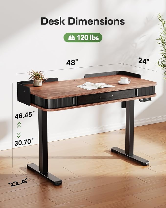 Marsail Electric Standing Desk Whole-Piece Desktop 48 x 24 Inches Height Adjustable Desk with 3 Drawers Home Office Table with 3 Memory Preset