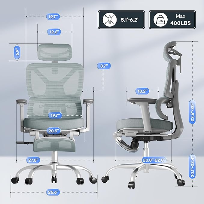 FLEXISPOT ErgoX Premium Ergonomic Office Chair with Footrest- Adjustable 3D Armrests, Dynamic Lumbar Support, Recline & Tilt Function, Mesh Seat, for Home & Office Use,Foam Blue