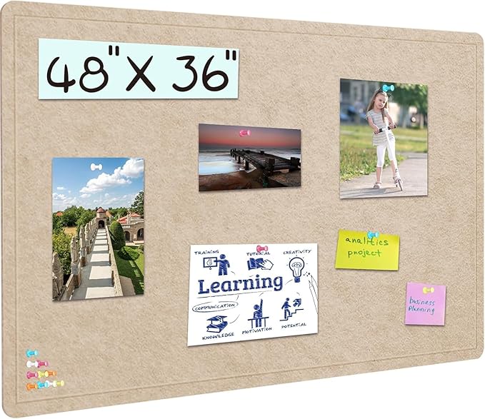 Large Bulletin Board, 48 X 36 inches Felt Board Notice Pin Board, 4' x 3'Cork Board Alternative for Wall, Self-Adhesive Vision Board Mood Board Foldable Photo Board with 30 Pushpin (Beige Brown)