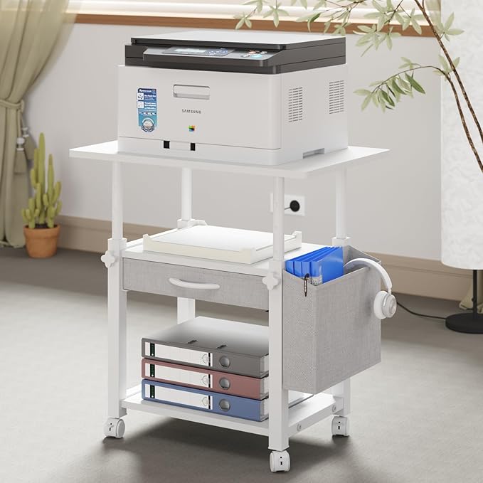 Large 22"x15" Printer Stand, 3-Tier Height Adjustable with Storage Drawer & Side Bag, Rolling Cart for Heat Press/Laser/3D Printer (White)