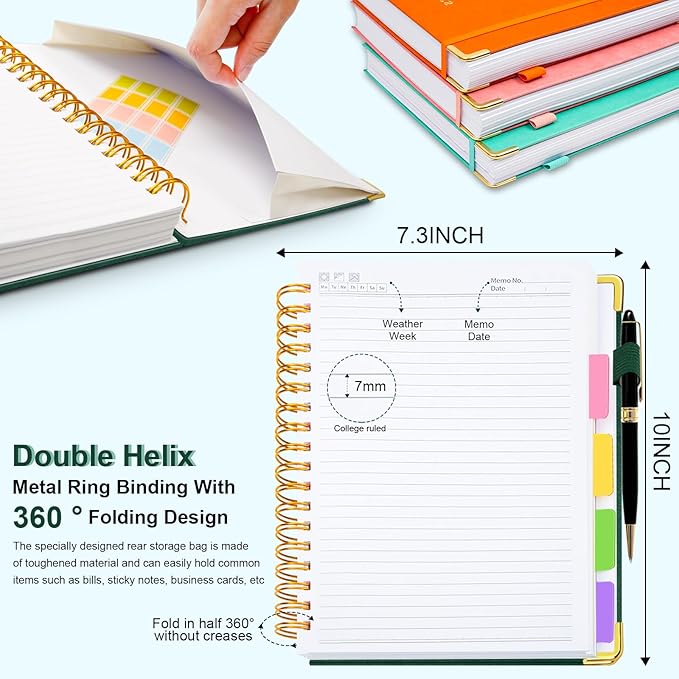 Hardcover Spiral Notebook 8"x10" Journal Notebook with Tabs and Removable Dividers 300 Pages 5 Subject Notebook College Ruled, Faux Leather Spiral Bound Notebook for Women, Students, School Work (Green)