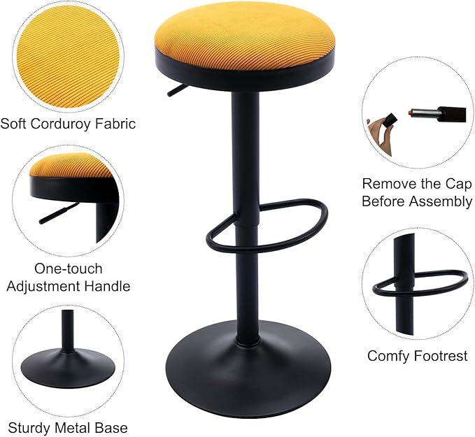 Round Swivel Counter Height Bar Stools Set of 3 Modern Adjustable Barstools Backless Corduroy Bar Chairs Industrial Island Chairs with Metal Base/Footrest for Kitchen Island/Pub/Bar, Yellow