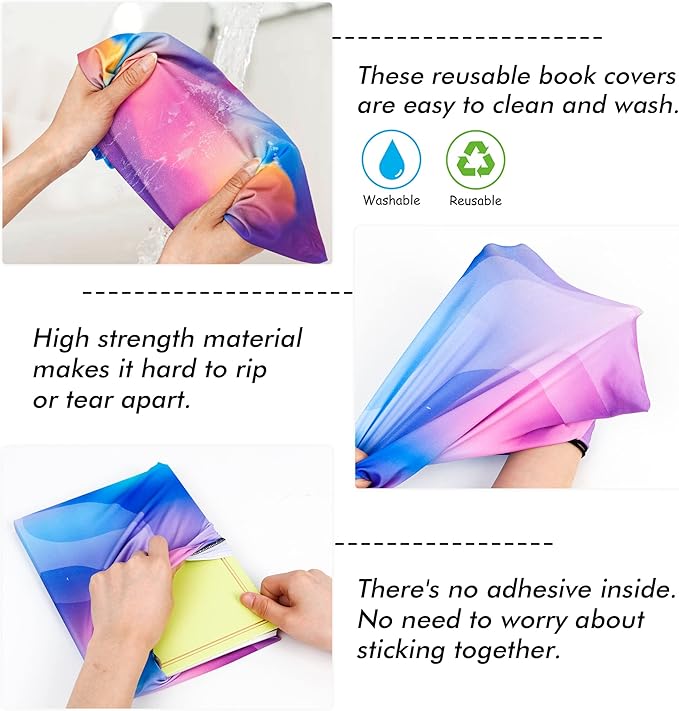 Feela 8 Pack Stretchable Jumbo Fabric Book Covers - Washable Durable Reusable Nylon for Hardcover Textbooks Notebooks up to 9"x11" - 8 Neon Patterns
