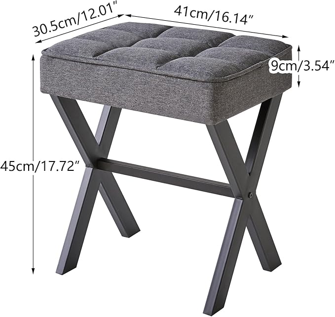 IBUYKE Square Makeup Stool with X-Leg Foot Rest, Linen Footrest, Ottoman Seat, Multi-Use as Small Side Table, for Bedroom, Living Room, Dark Gray LG-70G