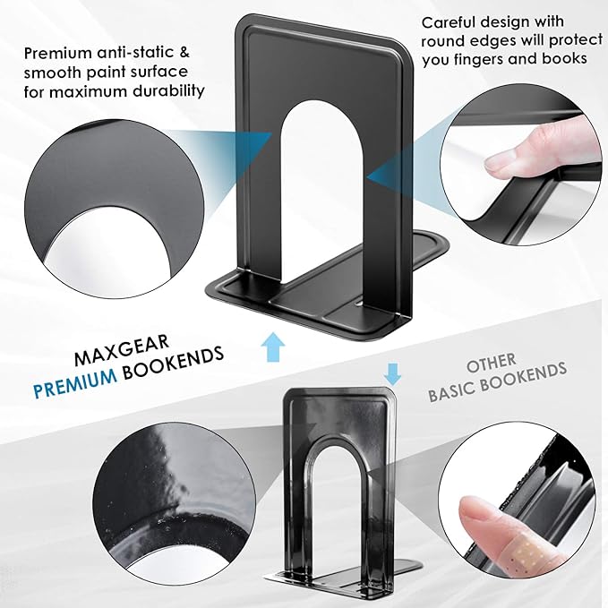 MaxGear Premium Matte Painted Book Ends, Heavy Duty ＆ Sturdy Bookends for Shelves, Office Non-Skid Metal Book End, Book Stopper for Books/CDs/DVDs, 6 x 4.6 x 6 in, Black (2 Pairs/4 Pieces, Large)