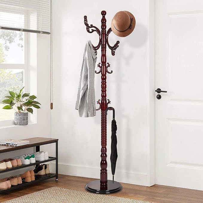 Wooden Coat Rack Freestanding, Vintage Coat Racks with Sturdy Round Base, Adjustable Height 37.40"-72.83" Entrance Coat Rack for Bedroom Living Room Entryway (Solid wood Rosewood)