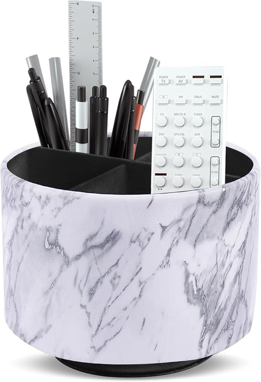 Round Leather Art Supply Organizer,Remote Control Holder,360-degree Rotating Pen Organizer with 4 Compartments(1-Marble White Silver)