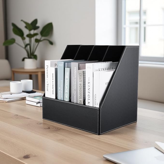 KINGFOM 4-Slot Wood Leather Document Files Holder Rack Stand Desk Files Organizer Papers Collection Cabinet (4 slot Black)
