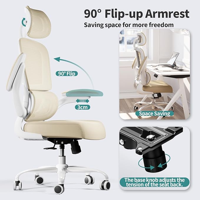 TRALT Office Chair Ergonomic Desk Chair, 330 LBS Home Mesh Office Desk Chairs with Wheels, Comfortable Gaming Chair, High Back Office Chair for Long Hours (Beige)