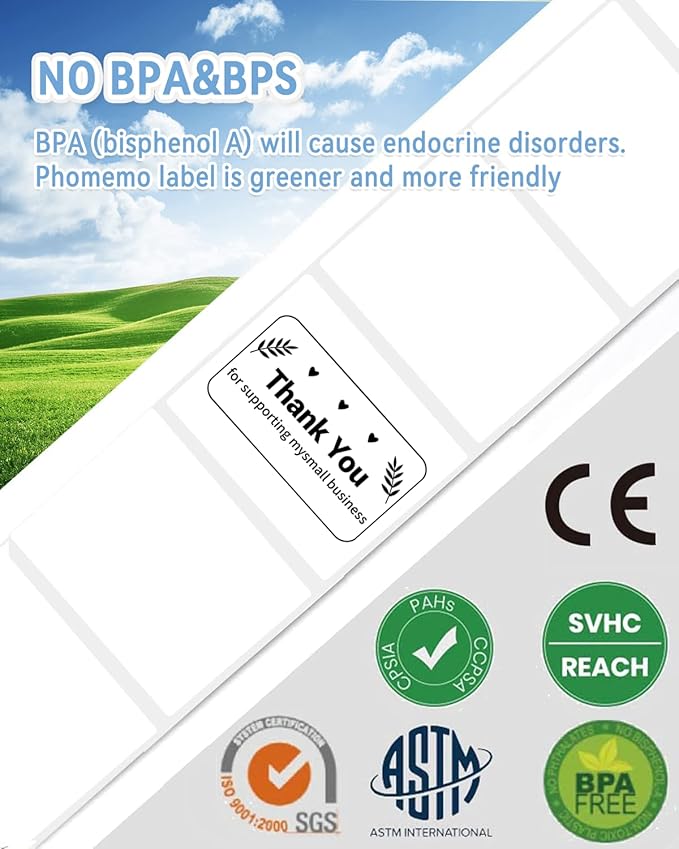 Phomemo 3"x2" Thermal Labels Roll - 1240 PCS Label Stickers for Small Business Supplies - Commercial Grade Logo Stickers for Business Customized - Waterproof Shipping Labels for Thermal Printer