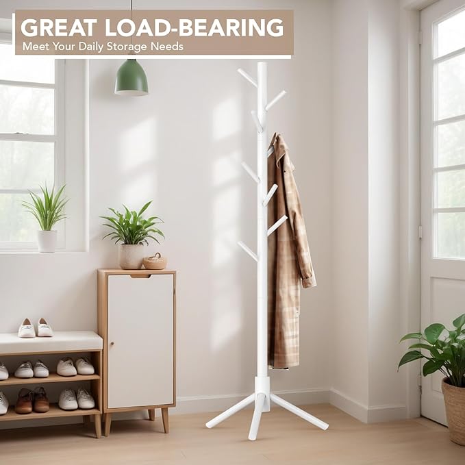 Wooden Tree Coat Rack Stand,Sturdy Freestanding Coat Rack with 8 Hooks,3 Adjustable Height for Child Adult,Wood Coat Stand Tree Fits Entryway Bedroom Office for Bags,Hats, 2 Pack