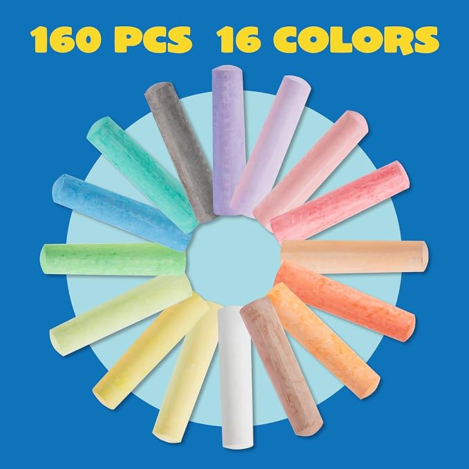 160 PCS Sidewalk Chalks Set Non-Toxic Washable Jumbo Chalk for Outdoor Art Play, Painting on Chalkboard, Blackboard and Playground