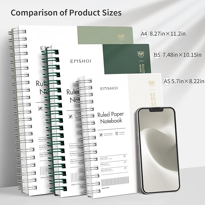 EMSHOI Lined Spiral Journal Notebook, B5 College Ruled Notebook, 300 Pages/150 Sheets, 100gsm Acid-Free Paper, Waterproof Softcover Notebook for School, Work, Note Taking, 7.48" × 10.15" - Dark Green