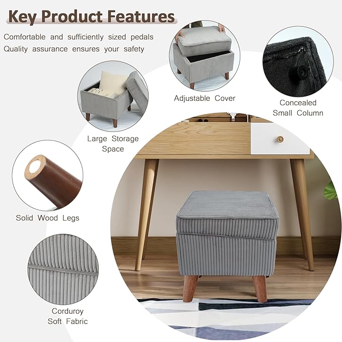 Storage Ottoman with Adjustable Lid, Soft Step Stool, Footrest and Seat, Ottoman Foot Rest for Living Room, Bedroom, Dorm, Light Gray