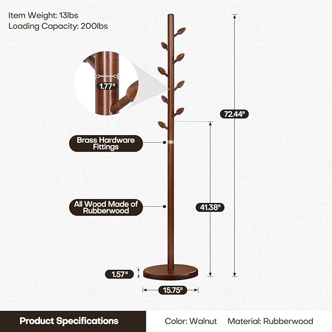 Wooden Coat Rack Freestanding - Heavy Duty Coat Tree Stand with 8 Bud-Shaped Hooks, Sturdy Round Base Coat Hanger for Entryway, Bedroom, Jackets & Clothes, 200lbs Capacity (Walnut)