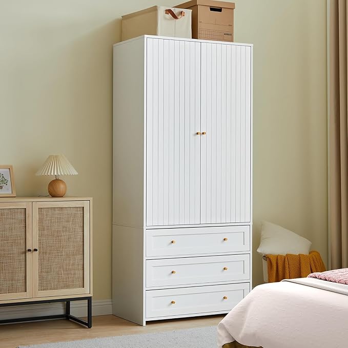 Wardrobe Armoire Wooden Closet with 2 Doors,71" Closet Armoire Set of 2,3 Drawers Household Freestanding Wooden Storage Cabinet for Bedroom (White)