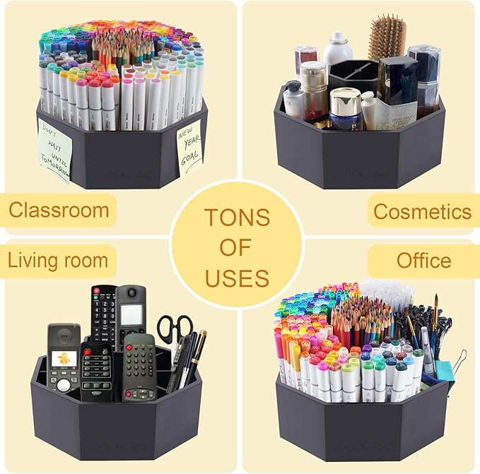 walowalo Bamboo Rotating Art Supply Organizer Holds 800+ Pencils Spinning Crayon Marker Pen Holder for Desk Brush Storage for Office School Classroom Organization Stationary Black (Larger Version)