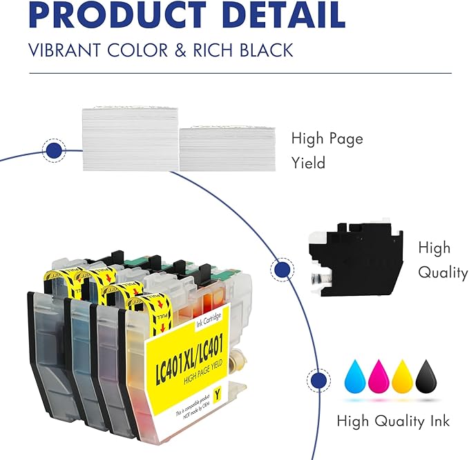 LC401XL LC401 MFC-J1010DW Ink Cartridges for Brother Printer LC 401 401XL for MFC-J1010DW MFC-J1170DW MFC-J1012DW MFC-J1800DW MFC J1010DW - 4 Pack High Yields Black Cyan Magenta Yellow