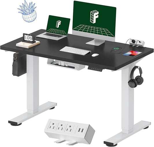 FLEXISPOT EN2 Whole-Piece Standing Desk with Clamp Power Strip, 48 x 24 Electric Stand Up Height Adjustable Desk with Cable Management (White Frame + 48" Black Top, 2 Packages)