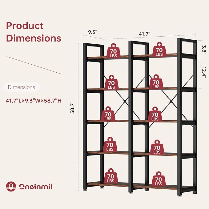 oneinmil Bookshelf 5 Tier, 58.7'' Industrial Book Shelf, Wooden Bookshelves with 10 Open Display Shelves, Vintage Storage Rack, Standing Wide Bookcase for Home and Office, Rustic Brown