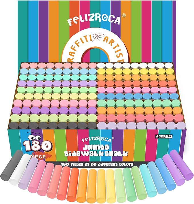 180PCS Sidewalk Chalks Set in 20 Colors, Non-Toxic, Washable Jumbo Outdoor Chalk for Kids, Pavement Chalk