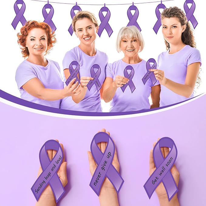 Kosiz 100 Pack Large Purple Ribbon Set 100 Alzheimer's Awareness Cutouts 2 Marker Pens 100 Wooden Clips with Rope Domestic Violence Awareness Items for Purple Recovery Month Charity Supplies