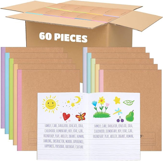 Henoyso 60 Pcs Primary Composition Notebook 9 3/4 x 7 1/2 Inch Kids Journal, Back to School Supplies, K-2 Primary Writing Notebook for Kids Student Draw and Write Story Journal (Macaron Color)