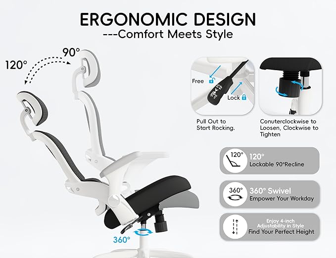 TRALT Office Chair - Ergonomic Office Chair with Back Support, Computer Chair - Home Office Desk Chairs, 330lbs Wide Seat Big and Tall Office Chairs with Headrest, Comfy Desk Chairs (White Black)