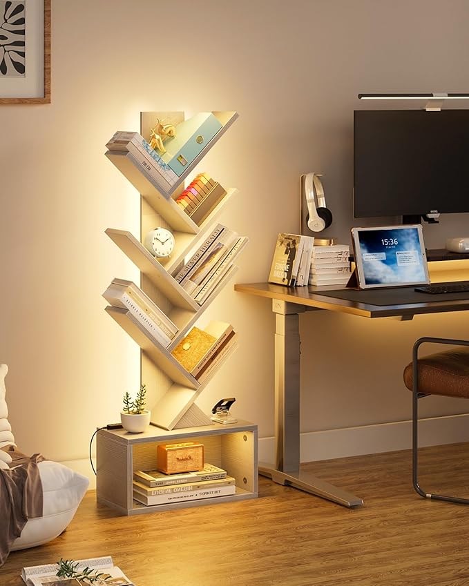 6 Tier Tree Bookshelf with Lights, LED Book Tree Bookcase with Storage Organizer, Small Corner Bookshelf Floor Standing Book Shelf for Living Room, Bedroom & Home Office, White